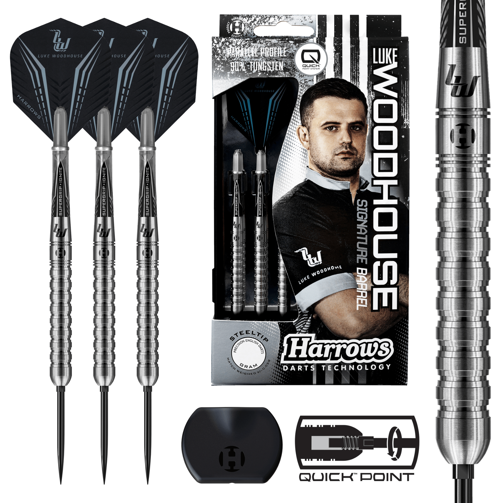 Harrows Luke Woodhouse Quick Point Steeldarts Packungsinhalt