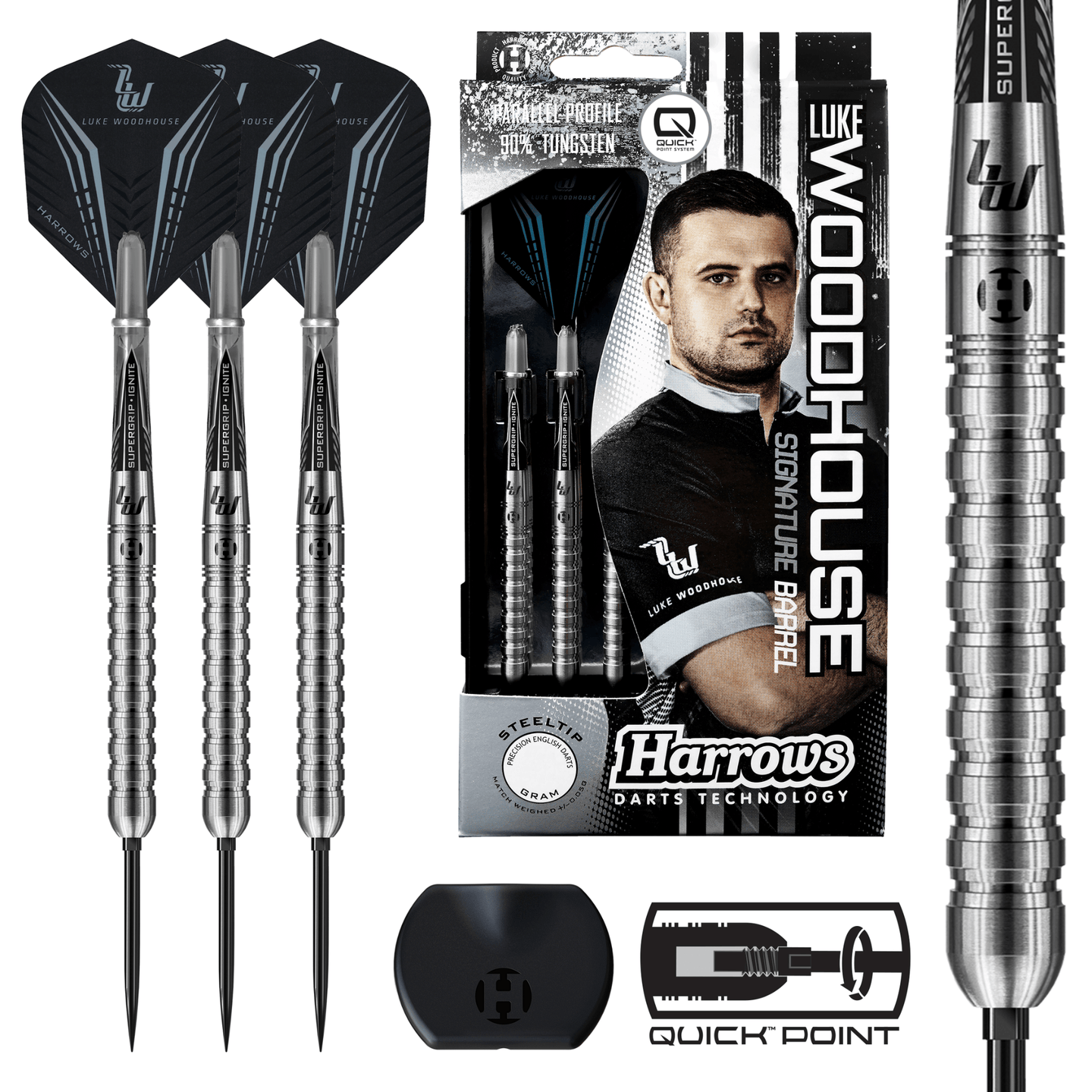 Harrows Luke Woodhouse Quick Point Steeldarts Packungsinhalt