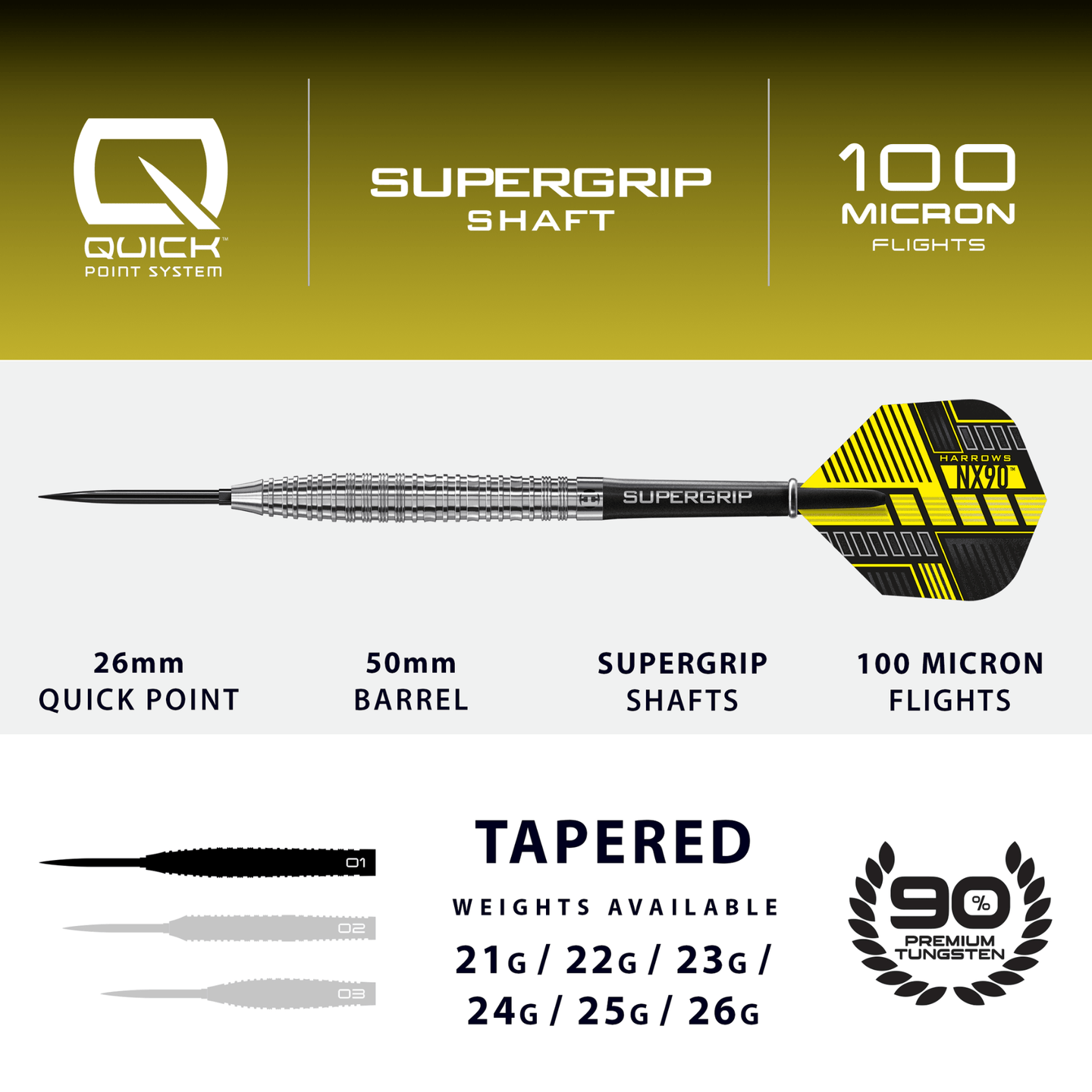 Harrows NX90 Tapered Quick Point Steeldarts Maße