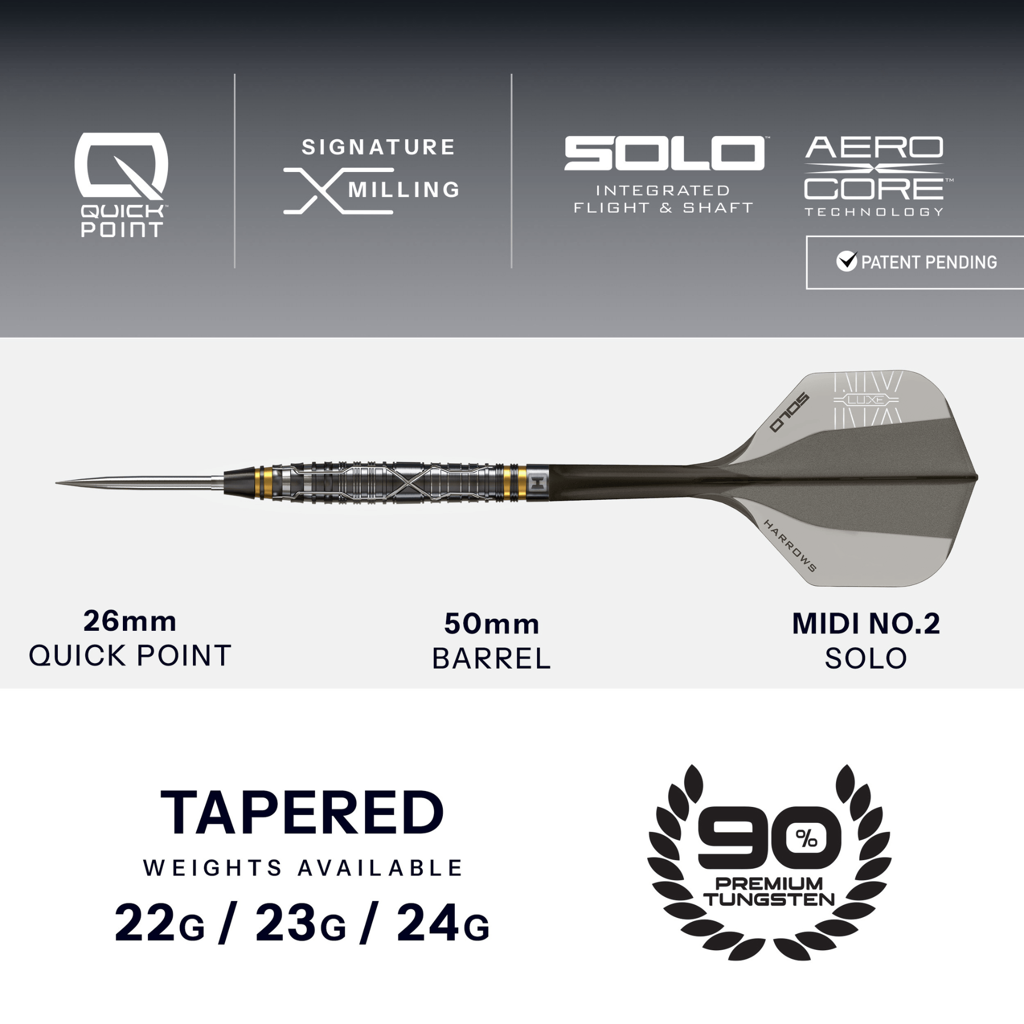 Harrows NX Luxe Tapered Quick Point Steeldarts Maße