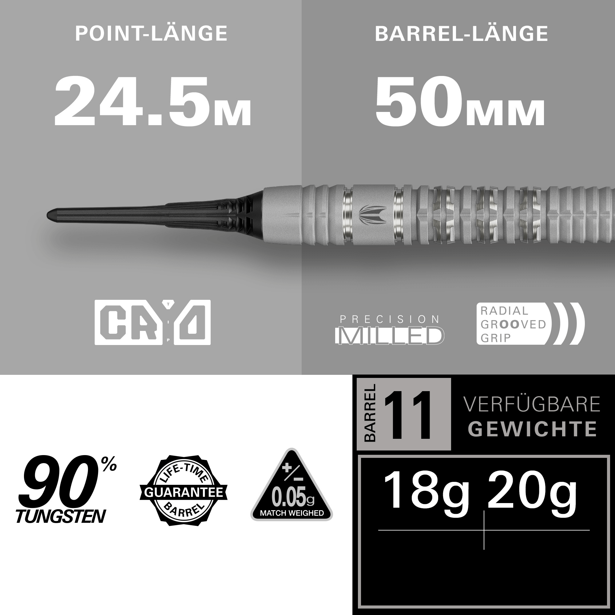 Target Cryo 11 Softdarts Maße Spitze und Barrel