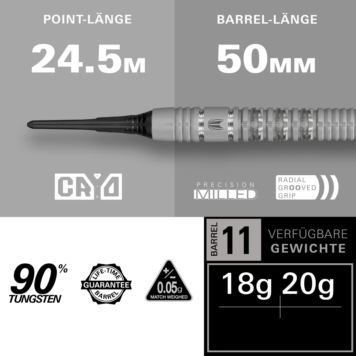 Target Cryo 11 Softdarts Maße Spitze und Barrel