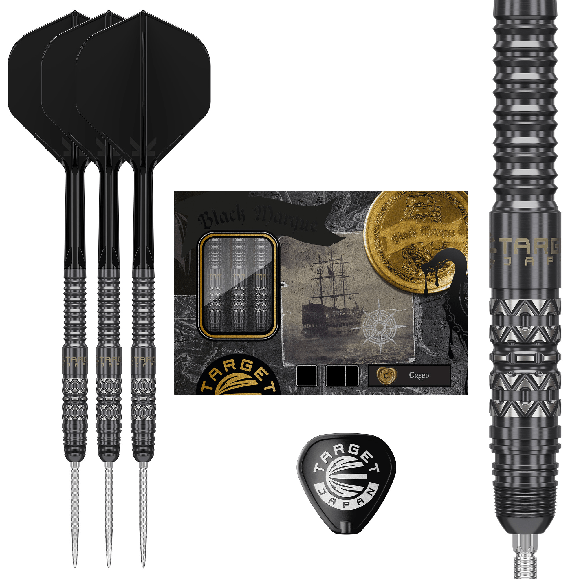 Target Japan Black Marque Creed Swiss Point Steeldarts Packungsinhalt