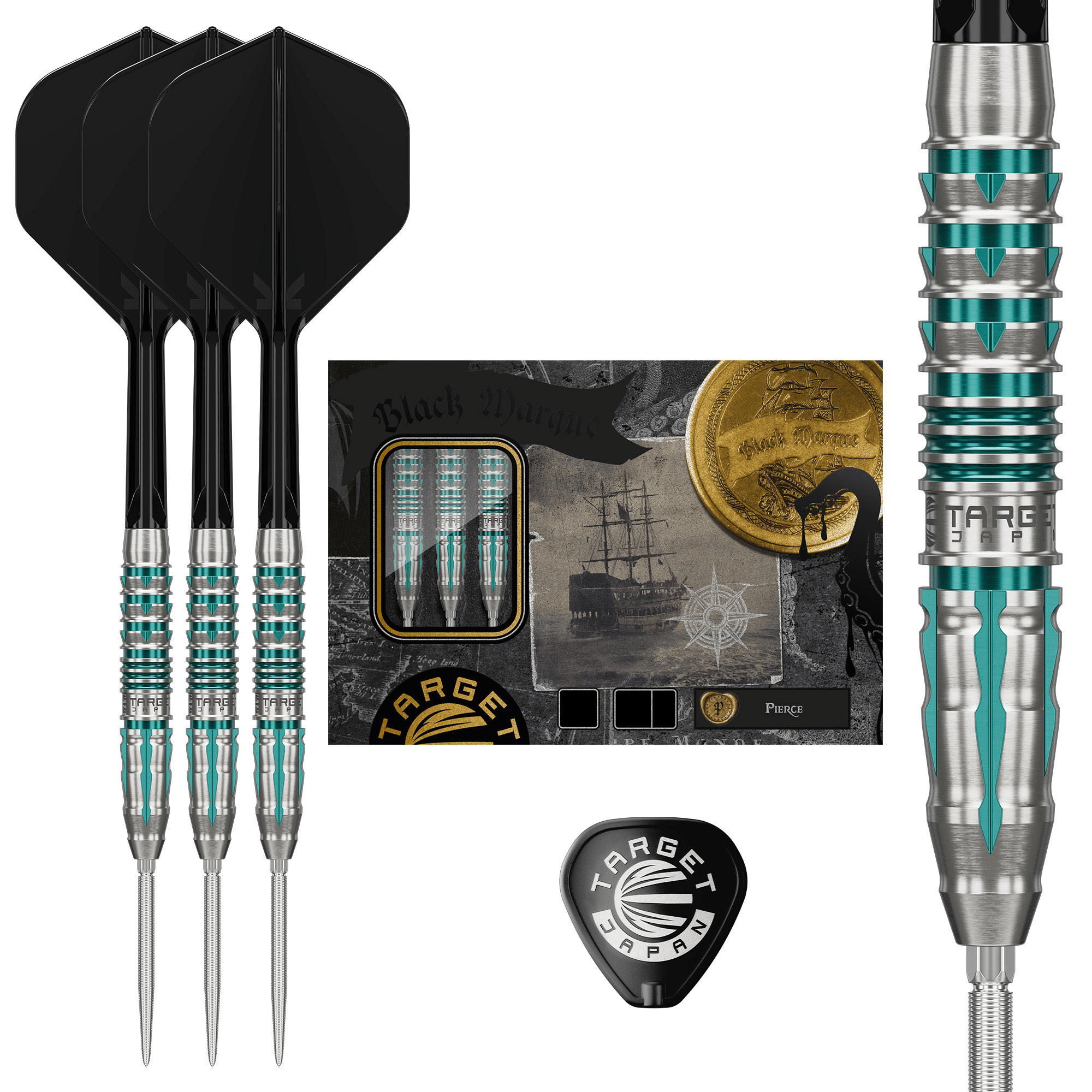 Target Japan Black Marque Pierce Swiss Point Steeldarts Packungsinhalt