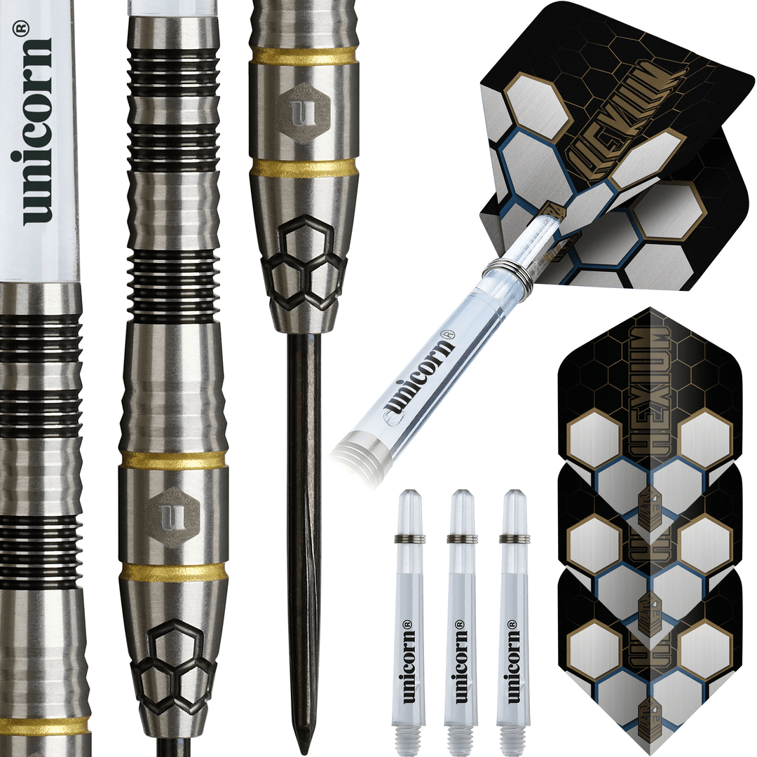 Unicorn Hexium 1 Black & Gold Steeldarts Packungsinhalt