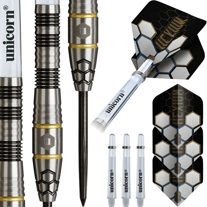 Unicorn Hexium 1 Black & Gold Steeldarts Packungsinhalt